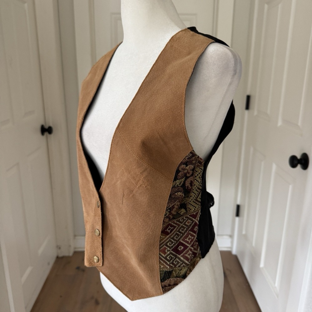 Vintage Genuine Leather Suede Tapestry Vest Womens M/L 90s Western Festival - Picture 10 of 11